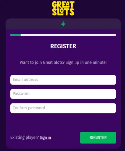 Great Slot Casino registration form